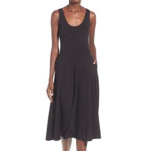 Leith Black Stretch Fit & Flare Knit Midi Dress - Scoop Neck Pockets!